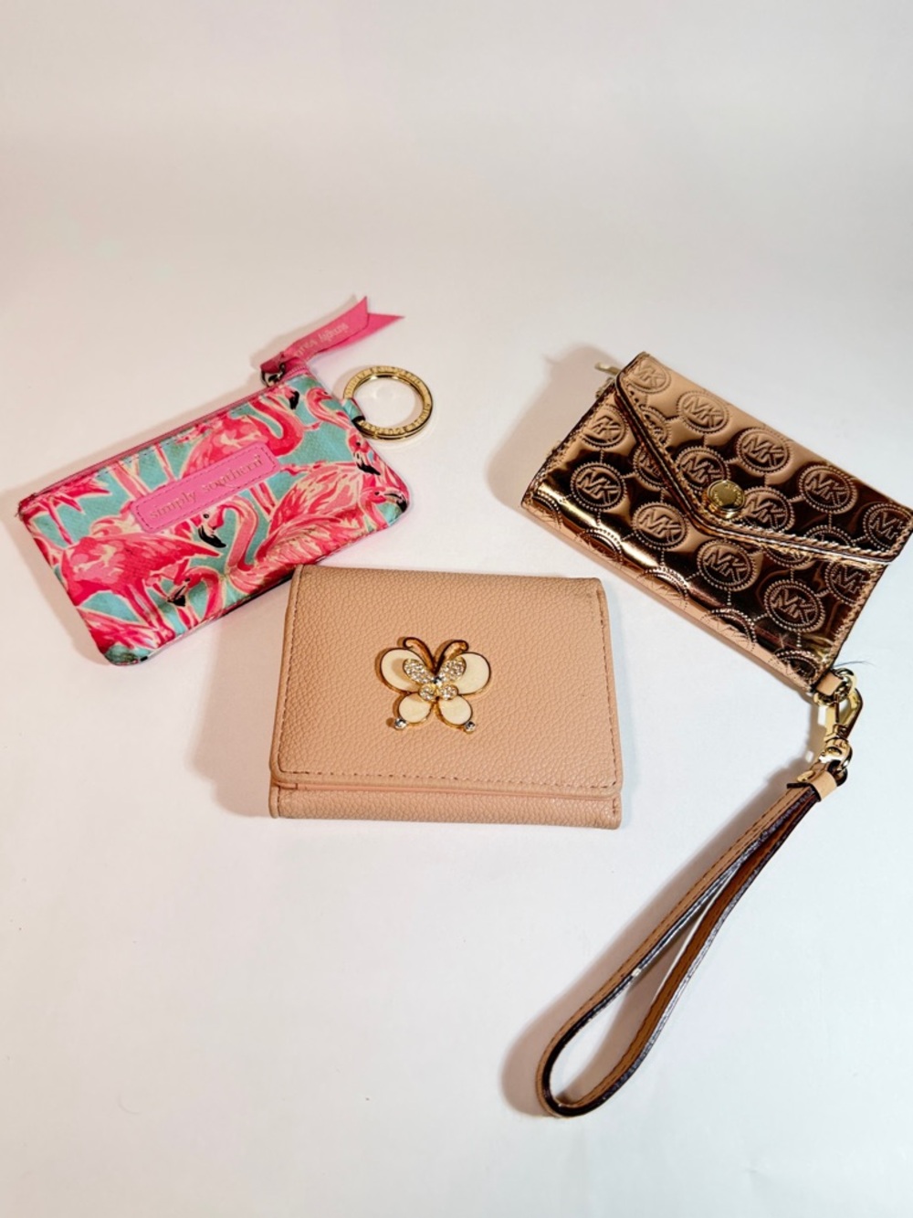 Michael Kors Rose Gold Monogram Card Case & Pink Floral Key Pouch Bundle